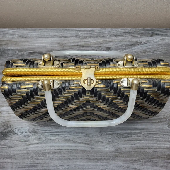 Vintage Stylecraft Black Gold Woven Plastic Handbag MCM - Picture 4 of 12